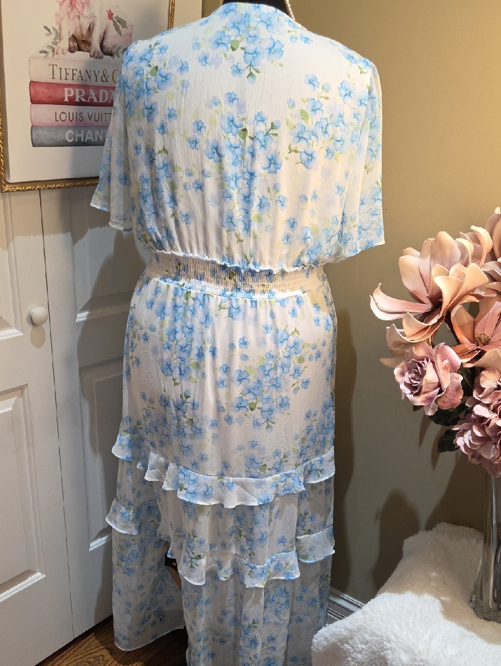 Nwot 2X Tamara H White Maxi Dress with BLUE and Green Floral Print Box 1 - Picture 11 of 17